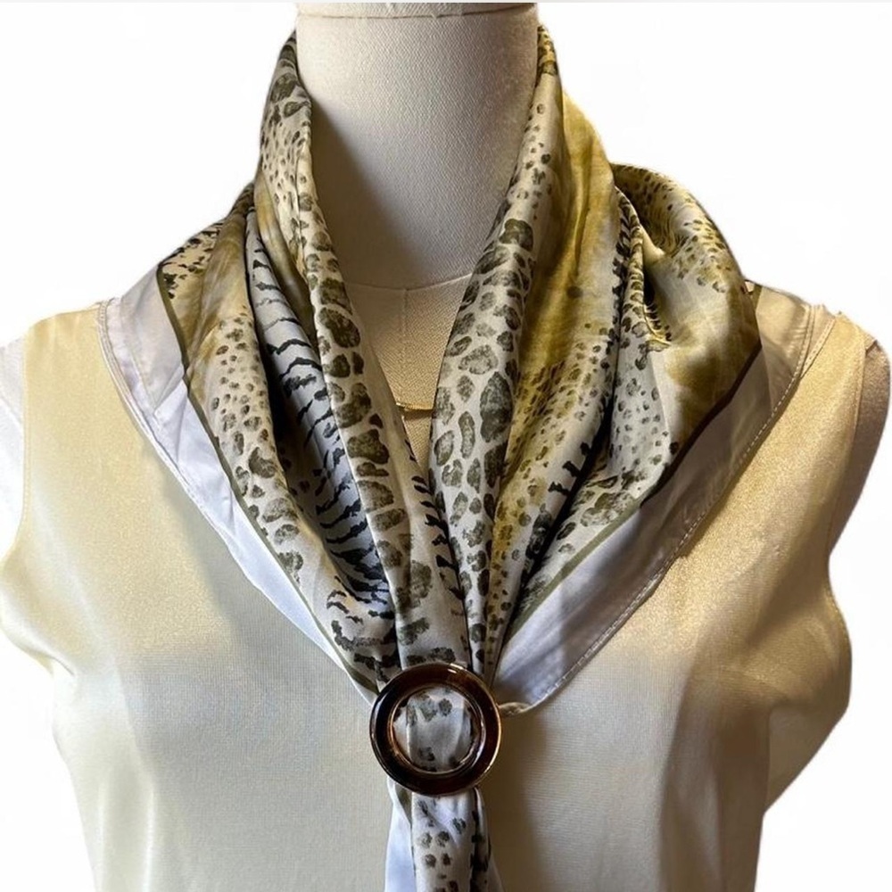 Animal Print Square Satin Scarf in Neutral Colors with Scarf Ring NWOT